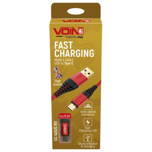 Кабель VOIN CC-4202C RD USB - Type C 3А, 2m, red (быстрая зарядка/передача данных) (CC-4202C RD)
