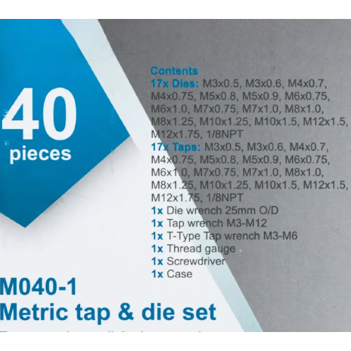 Набір для нарізання різьби (метрична M3–M12/дюймова1/8NPT),40 предметів. Scheppach SCH-M040-1 Набір для нарізання різьби (метрична M3–M12/дюймова1/8NPT),40 предметів. Scheppach SCH-M040-1