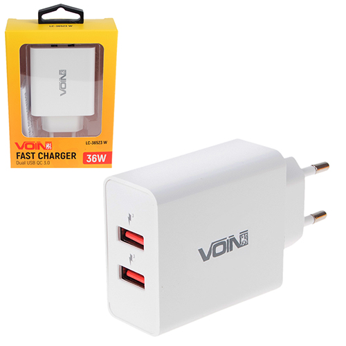 Сетевое зарядное устройство VOIN 36W, 2USB QC3.0 (3.6V-6.5V*3A, 6.5V-9V*2A, 9V-12V*1.5A) (LC-36523 W)