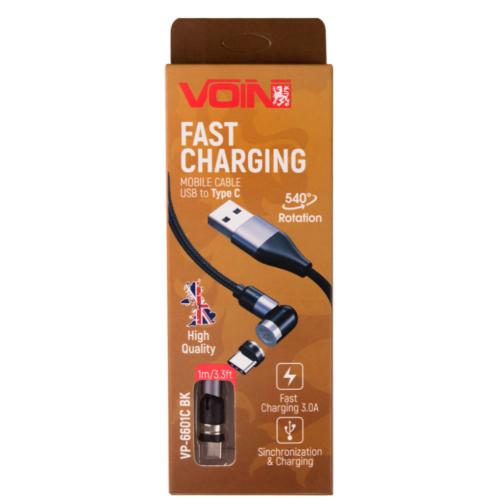 Кабель магнитный шарнирный VOIN USB - Type C 3А, 1m, black (быстрая зарядка/передача данных) (VP-6601C BK)
