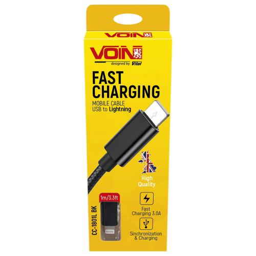 Кабель VOIN CC-1802L BK USB - Lightning 3А, 2m, black (быстрая зарядка/передача данных) (CC-1802L BK)