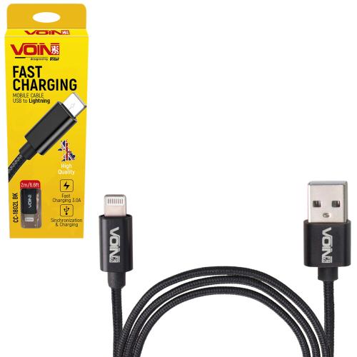 Кабель VOIN CC-1802L BK USB - Lightning 3А, 2m, black (быстрая зарядка/передача данных) (CC-1802L BK)