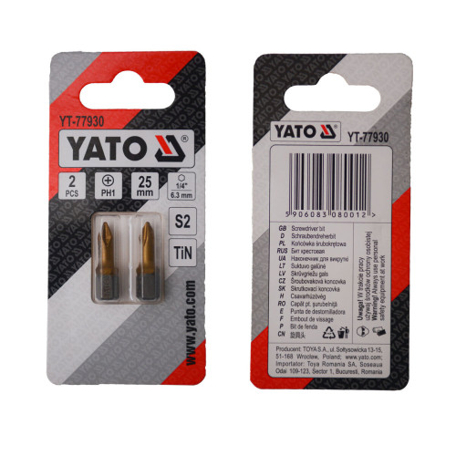 Насадка отверточная YATO PH1 × 25 мм, HEX 1/4", титановое покрытие, 2 шт. YT-77930