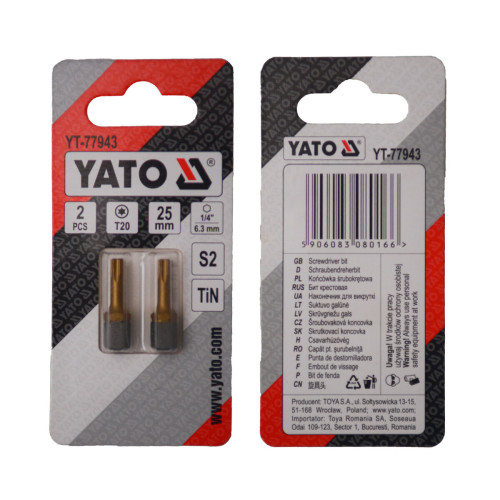 Насадка отверточная YATO TORX T20 × 25 мм, HEX 1/4", титановое покрытие, 2 шт. YT-77943