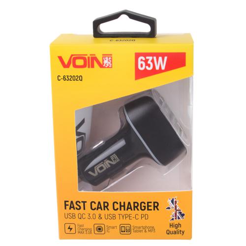 Автомобильное зарядное устройство VOIN 63W, 1USB QC3.0 18W + 1PD 45W, 12/24V (C-63202Q)
