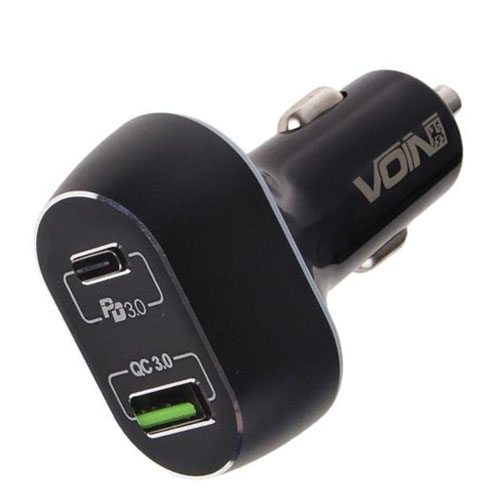 Автомобильное зарядное устройство VOIN 63W, 1USB QC3.0 18W + 1PD 45W, 12/24V (C-63202Q)