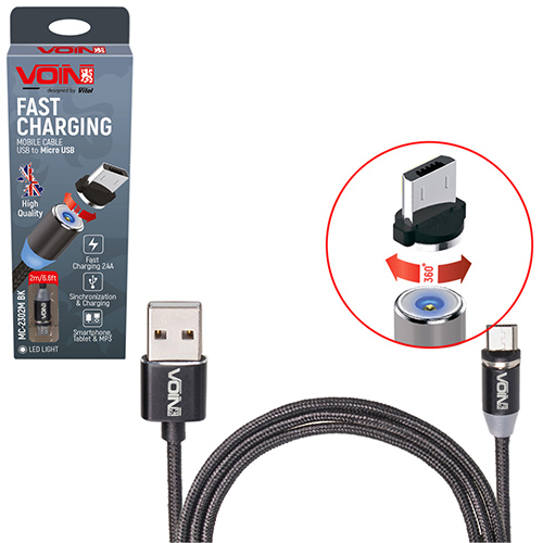 Кабель магнитный VOIN MC-2302M BK USB - Micro USB 2,4А, 2m, black (только зарядка) (MC-2302M BK)