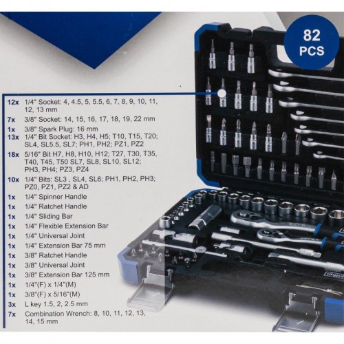Набор инструмента комбинированный 82 пр.1/4", 3/8" (6-гран) (4-22мм) SCHEPPACH SCH-4821-5DS