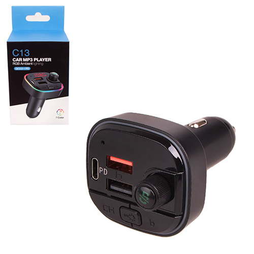 Модулятор FM 5в1 C13 12-24v 2USB 5V-3.1A Type C 5V-3.1A TF card BT5.0 RGB-ambient light (С13)