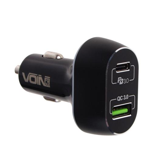 Автомобильное зарядное устройство VOIN 63W, 1USB QC3.0 18W + 1PD 45W, 12/24V (C-63202Q)