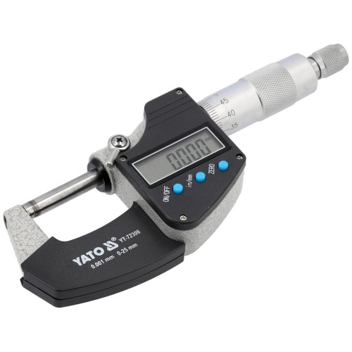 Микрометр YATO YT-72306 с LCD цифровой шкалой, диапазон 0–25 мм, точность 0,001 мм