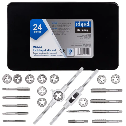 Набор дюймовых метчиков и плашек 24 предмета,в металлическом кейсе. Scheppach SCH-M024-2