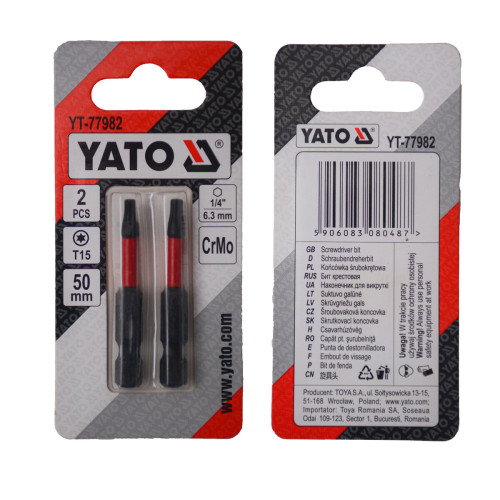 Насадка отверточная YATO TORX T15 × 50 мм, HEX 1/4", CR-MO, 2 шт. YT-77982