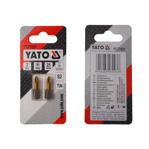 Насадка отверточная YATO PH2 × 25 мм, HEX 1/4", титановое покрытие, 2 шт. YT-77931