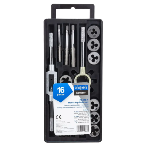 Набор метрических метчиков и плашек (M3–M12),16предметов,кейс. Scheppach SCH-PD016-1