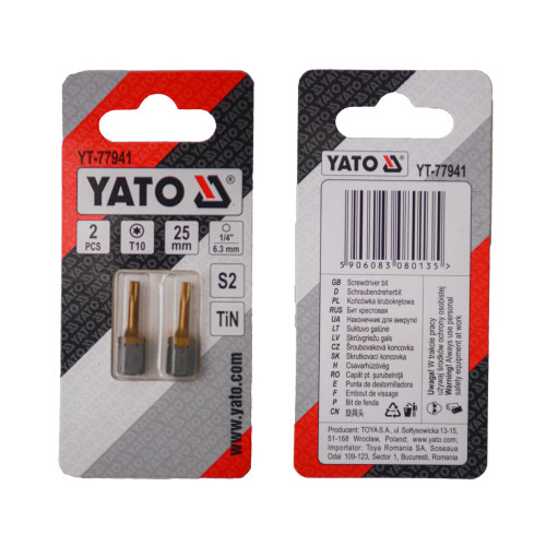 Насадка отверточная YATO TORX T10 × 25 мм, HEX 1/4", титановое покрытие, 2 шт. YT-77941