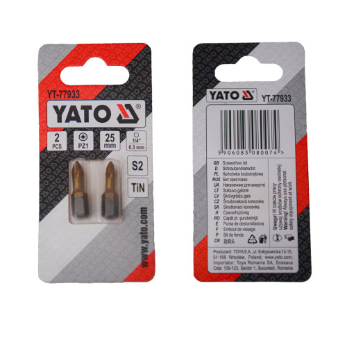 Насадка отверточная YATO PZ1 × 25 мм, HEX 1/4", титановое покрытие, 2 шт. YT-77933
