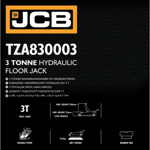 Домкрат подкатанный гидравлический низкопрофильный 3т 75-508мм. JCB Tools JCB-TZA830003