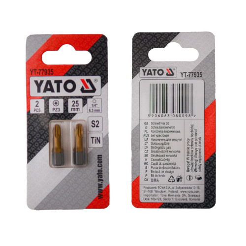 Насадка отверточная YATO PZ3 × 25 мм, HEX 1/4", титановое покрытие, 2 шт. YT-77935