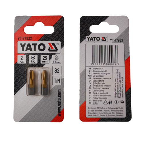Насадка отверточная YATO PH3 × 25 мм, HEX 1/4", титановое покрытие, 2 шт. YT-77932