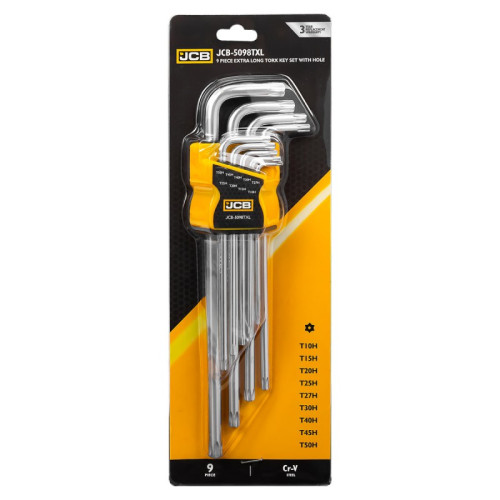 Набор удлинённых Г-образных ключей TORX T10H–T50H с отверстием, 9 шт. JCB Tools JCB-5098TXL
