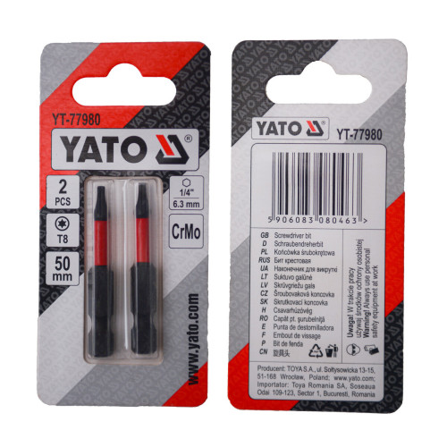 Насадка отверточная YATO TORX T8 × 50 мм, HEX 1/4", CR-MO, 2 шт. YT-77980