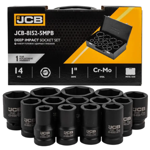 Набор ударных глубоких головок 1" (6-гранных), 14 шт., в металлическом кейсе JCB Tools JCB-8152-5MPB