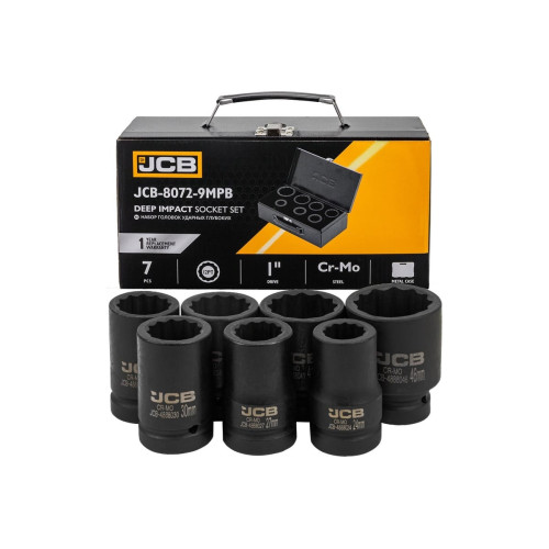 Набор глубоких ударных головок JCB 1" (12-гранные) 24-46 мм, 7 предметов в металлическом кейсе JCB-8072-9MPB