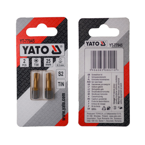 Насадка отверточная YATO TORX T30 × 25 мм, HEX 1/4", титановое покрытие, 2 шт. YT-77945