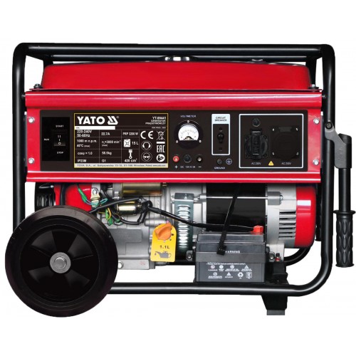 Генератор струму бензиновий YATO: P= 5 кВт, U= 230V AC і 12V DC, витрата- 2.65 л/г, бак- 25 л,AVR