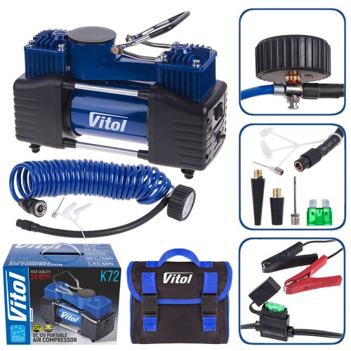 Компрессор "ViTOL" К-72 150psi/23Amp/90л/2 цилиндра/шланг 5,0м/клеммное подключение